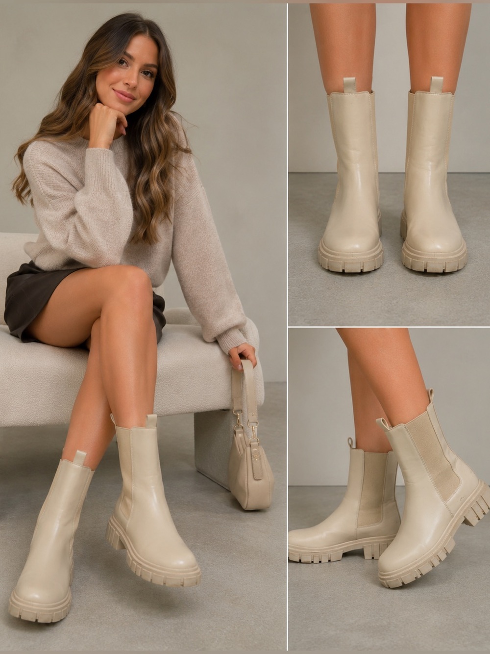 Charlotte Russe Women’s Beige Faux Leather Gore Boots Size 8